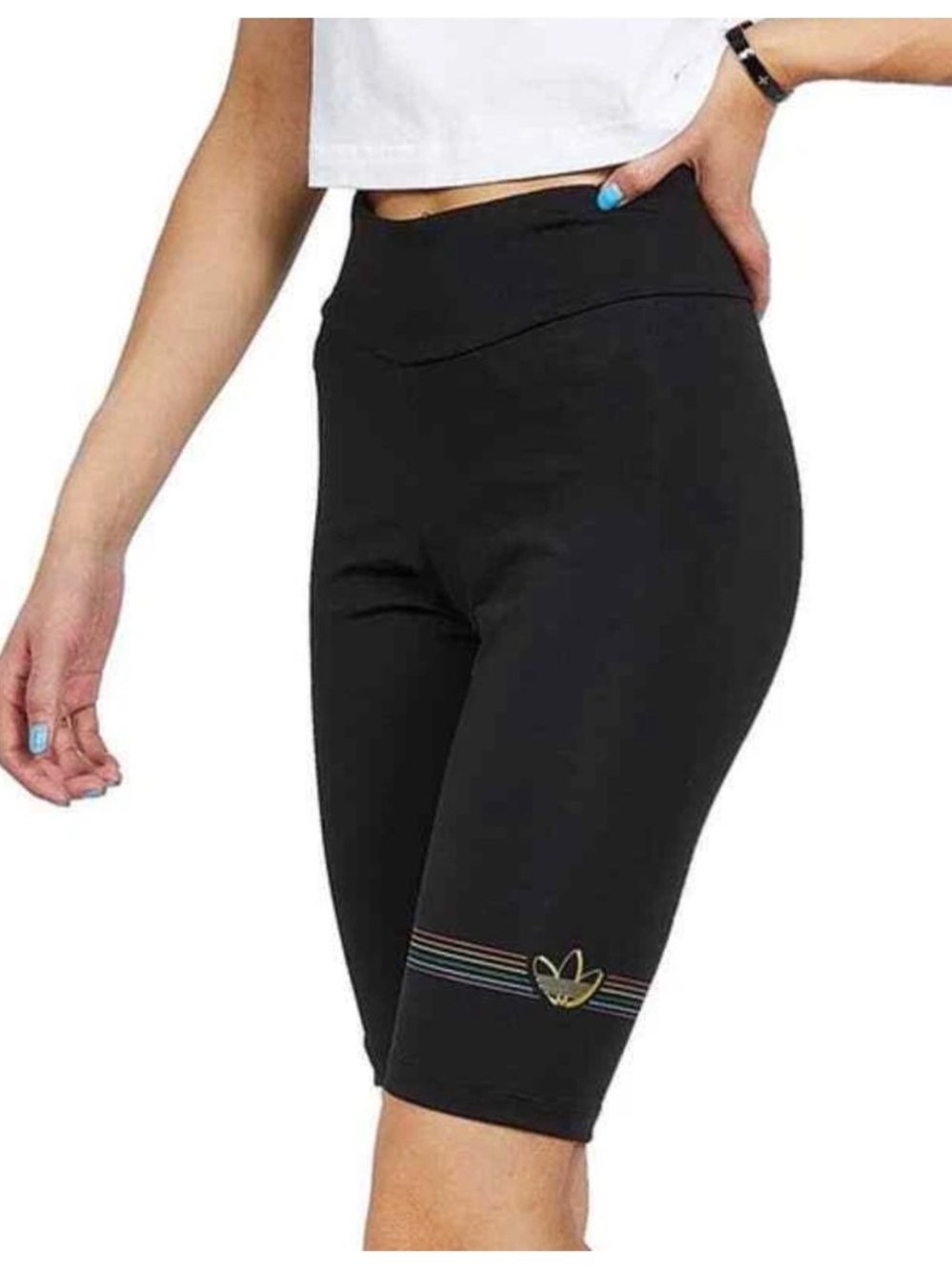 Adidas Women’s Sz S Black Bike Shorts High Rise Rainbow Stripe